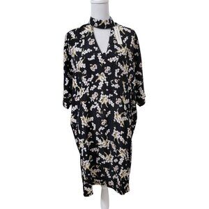 Liquorish Size 10/38 Black with Cream & Tan Floral Pattern Midi Dress, NEW w/Tag